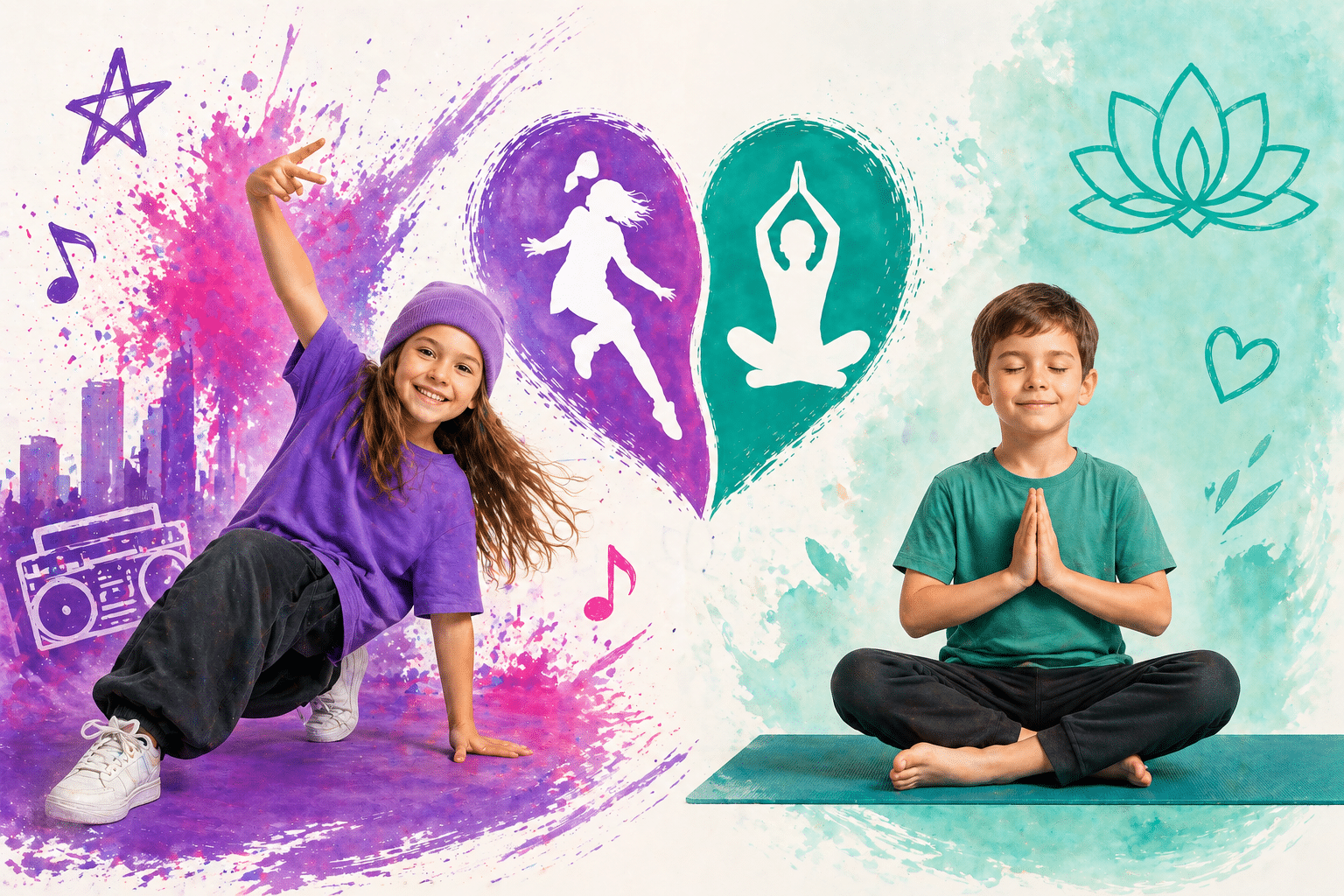 Illustrasjon av barn som driver med streetdance og barneyoga