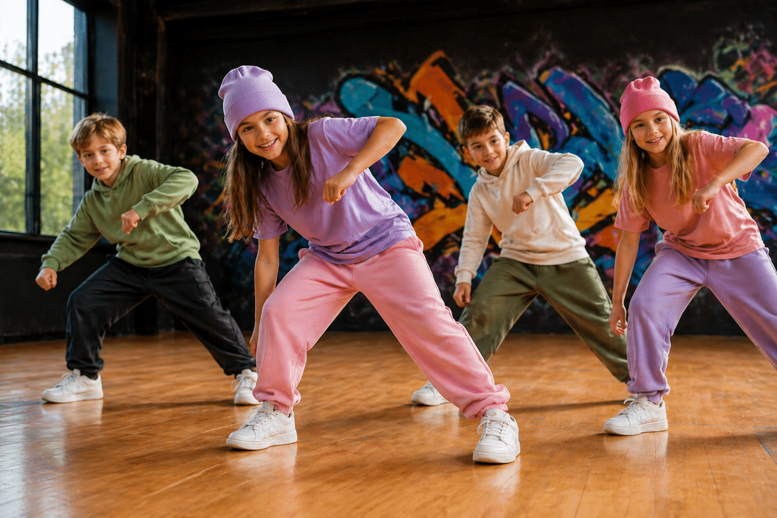 Fire barn som danser streetdance i et dansestudio
