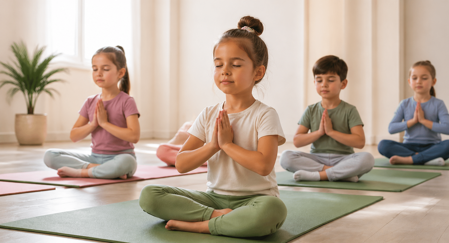 To jenter og to gutter som gjør yoga i et lyst yogarom