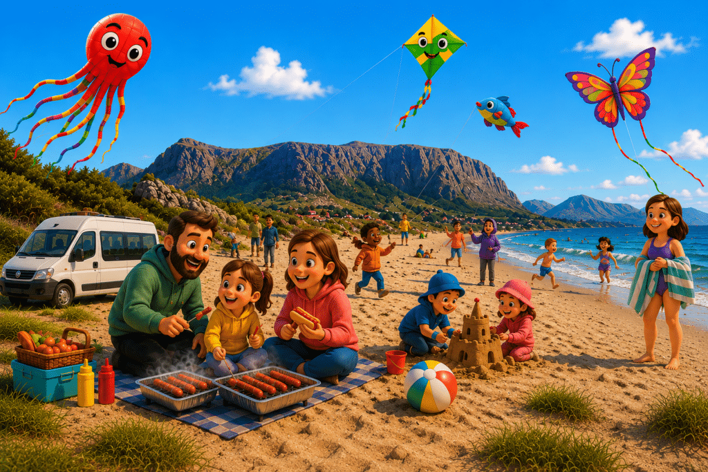 3D-illustrasjon av familier som flyr drager, griller pølser og koser seg på stranden ved Farstadsanden.