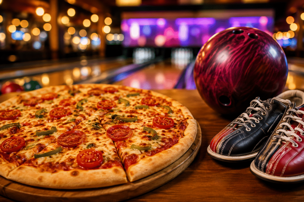 Familier inviteres til gratis bowling og pizza. Bildet viser en pizza, bowlingsko og bowlingkule i en bowlinghall.