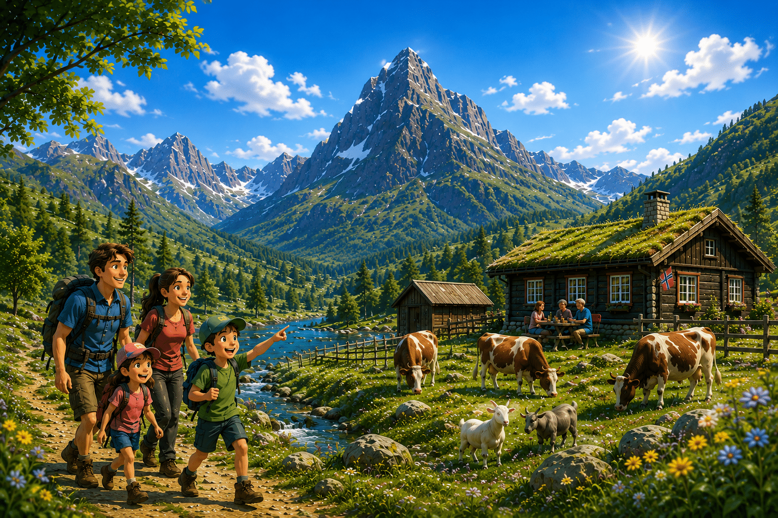 Familie på tur i Innerdalen omgitt av fjell, blomsterenger, kuer og geiter en solrik sommerdag.