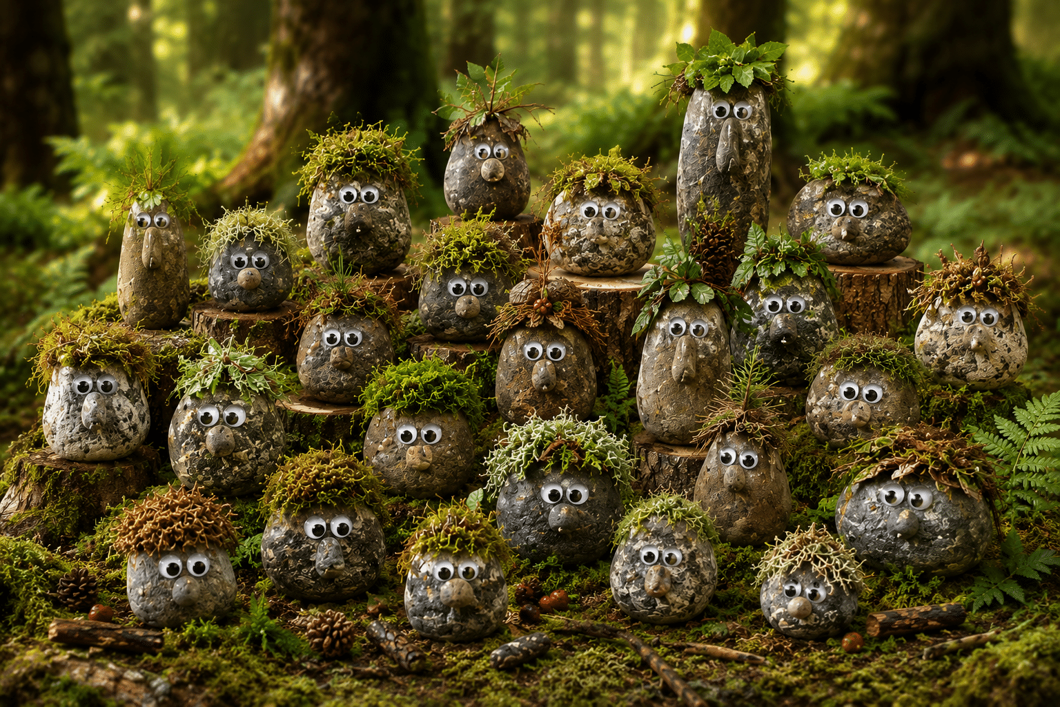 3D-illustrasjon av steintroll laget av naturmaterialer i et skogsmiljø med mose, blader og kvister.