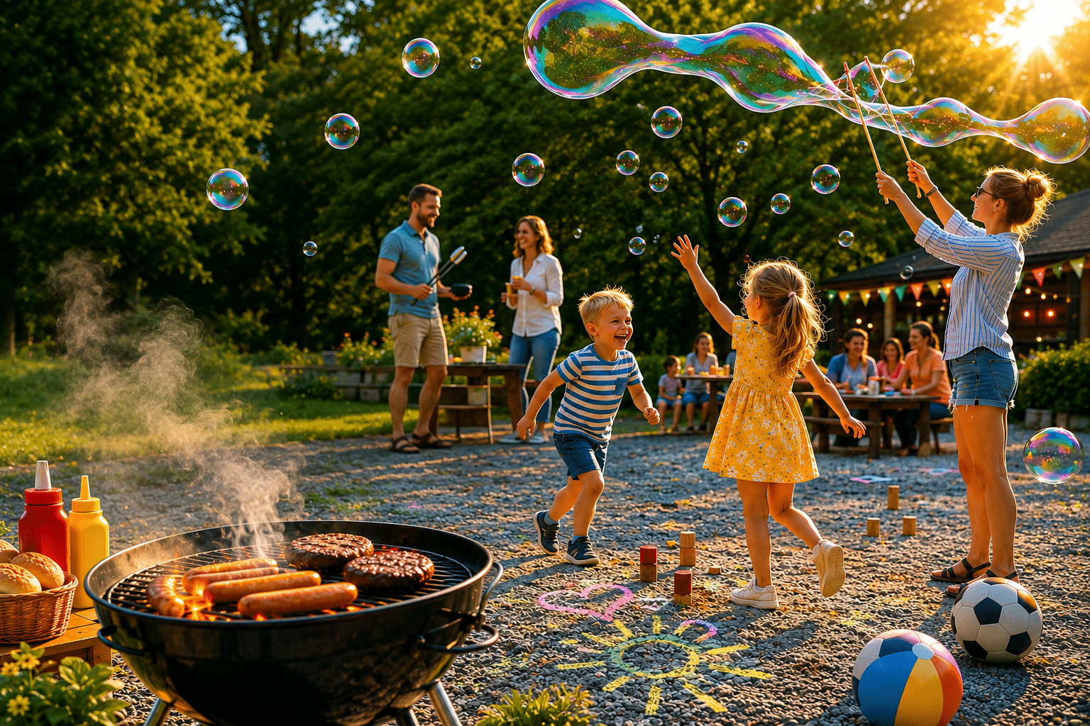Barn og voksne leker med kjempesåpebobler, griller pølser og hamburgere og koser seg utendørs på en sommerlig familiedag.