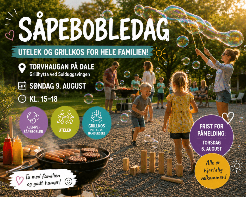 Familiedag med kjempesåpebobler, utelek og grilling.