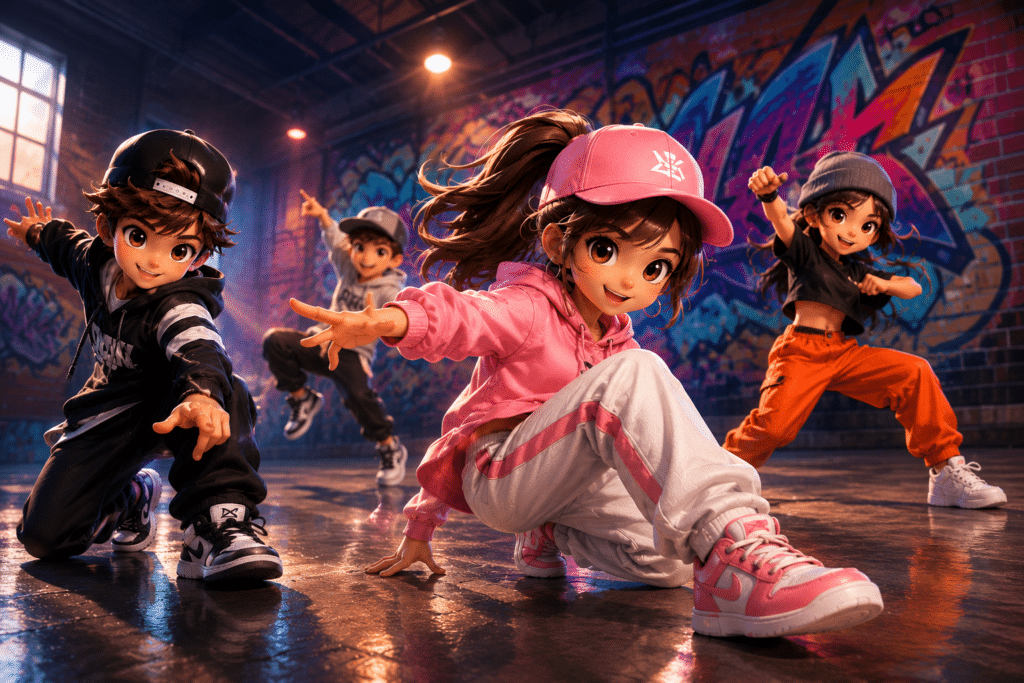 Anime-inspirerte barn som danser streetdance i et fargerikt urbant miljø med graffiti og energisk bevegelse.