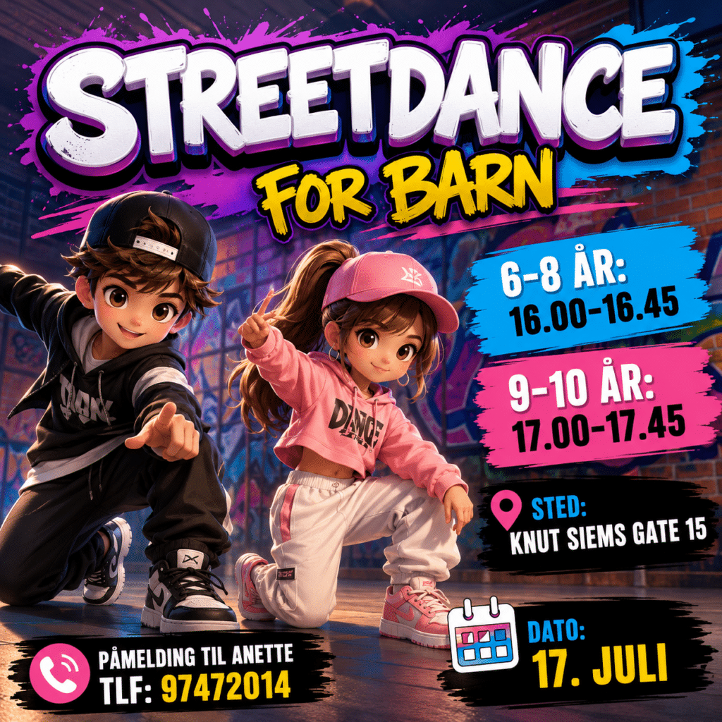 Streetdance for barn med anime-inspirerte dansere i et fargerikt urbant miljø med graffiti.
