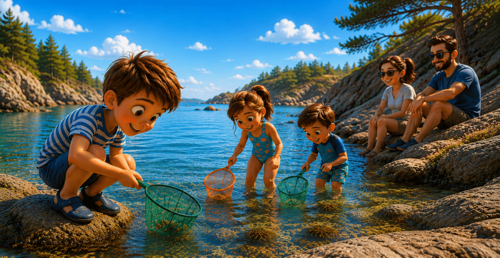 3D-animasjon av tre barn som utforsker fjæra med hover i det grunne vannet, mens to voksne sitter på svabergene og følger med. Solrik sommerdag ved sjøen med klart vann og steinete kystlandskap.