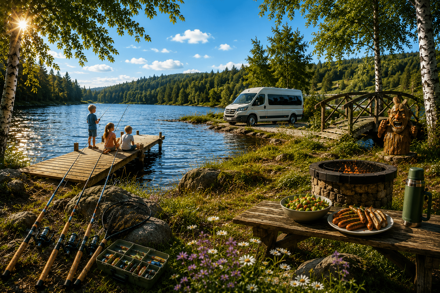 Barn fisker fra brygga ved Kleivevatnet mens familiegruppa koser seg med grilling og sommeraktiviteter ved vannet.
