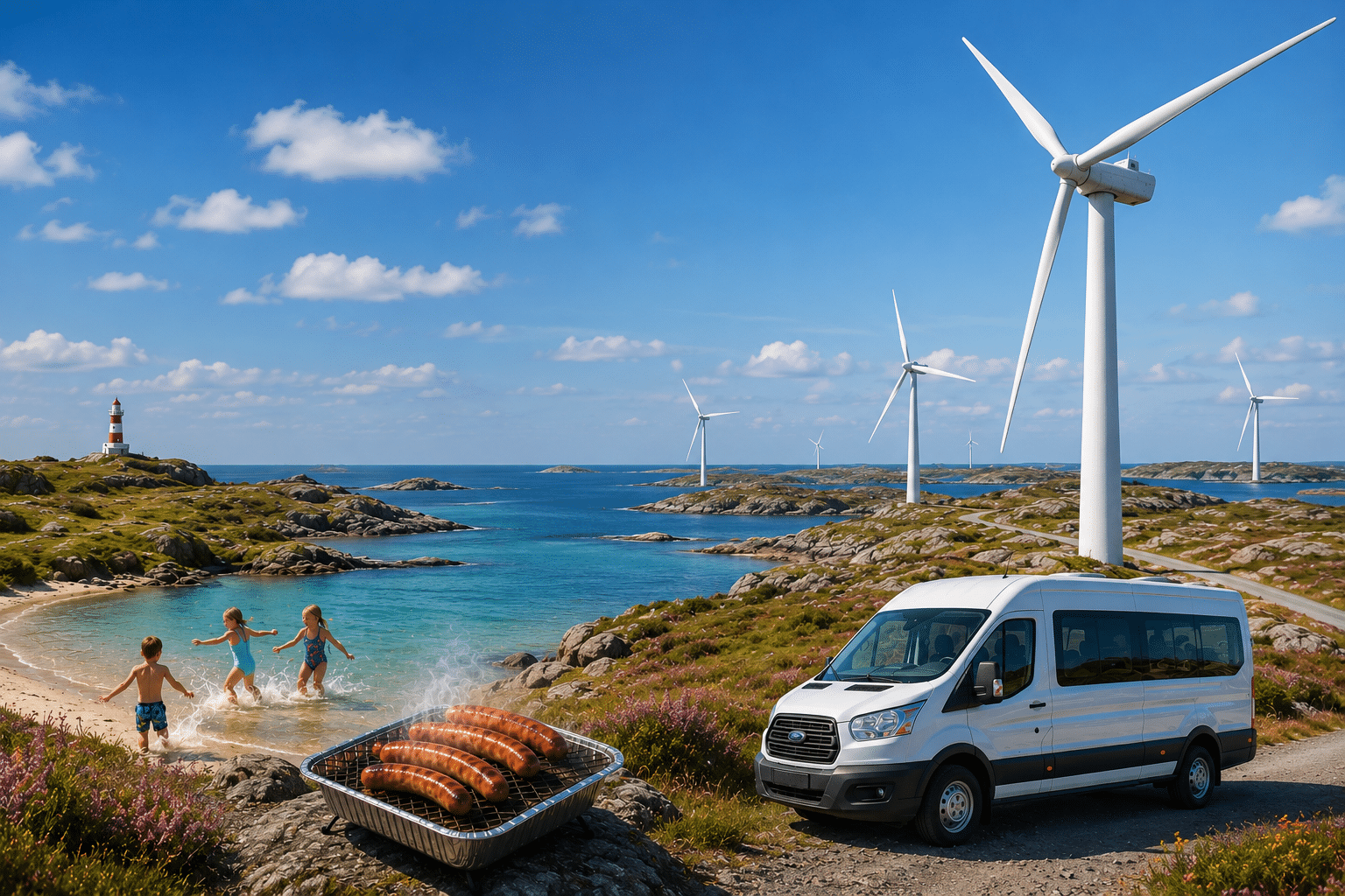 Illustrasjon av familietur til Smøla med vindmøller, strand, grilling og minibuss.