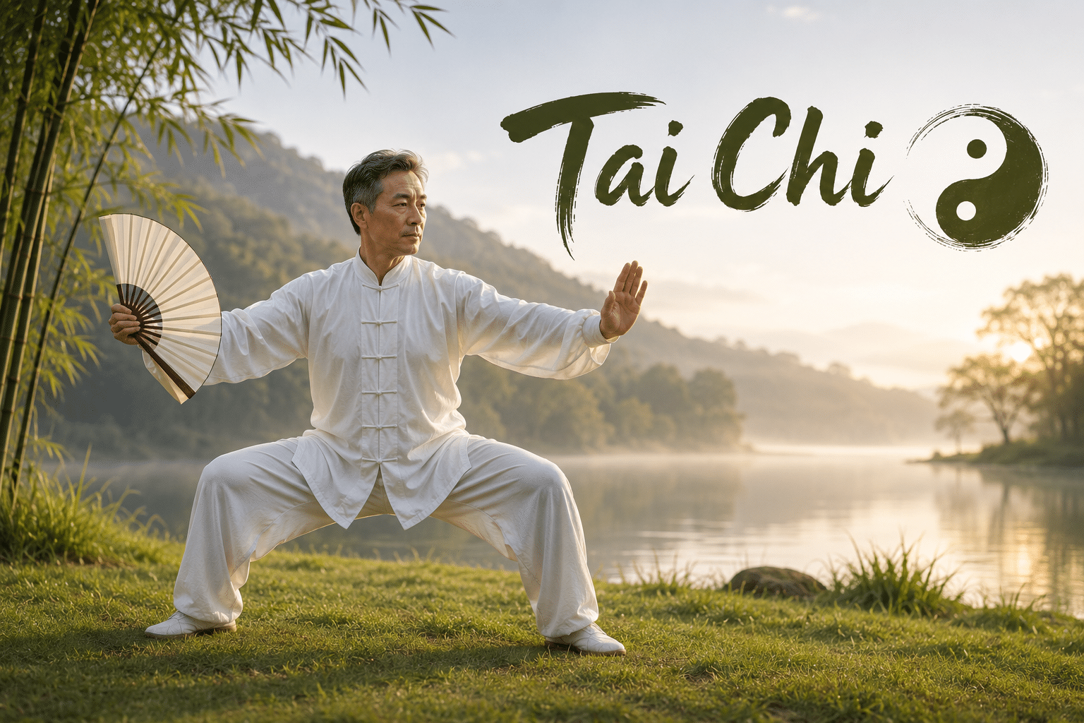 Mann utfører Chen-style Tai Chi med vifte ved et rolig vann.