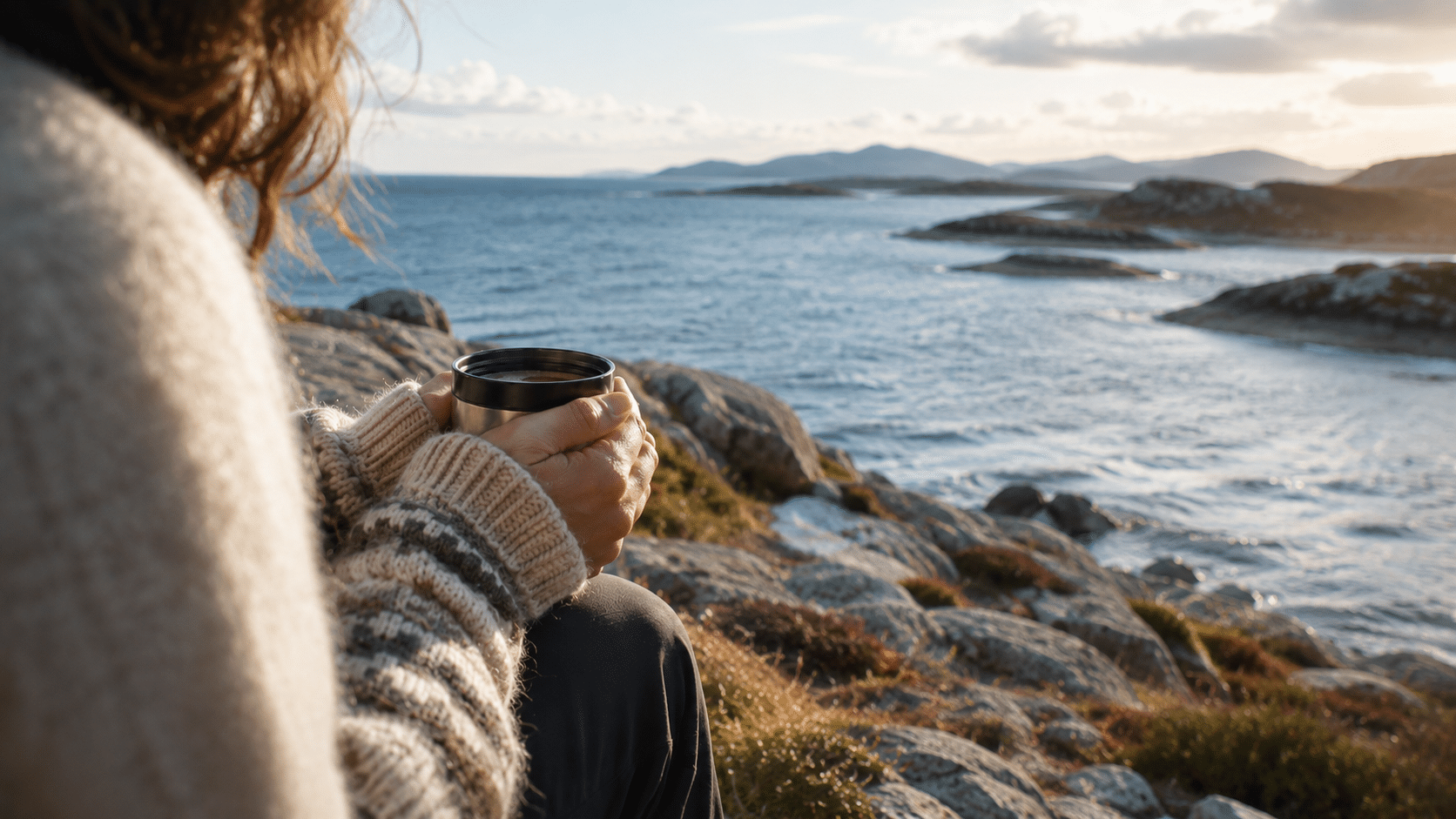 Person holder en kopp kaffe ved sjøen på Nordmøre med svaberg og kystlandskap i bakgrunnen.