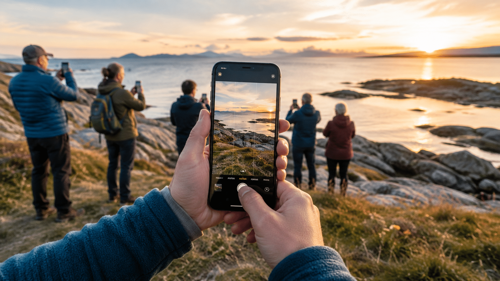 Deltakere fotograferer kystlandskap med mobiltelefon under fotosafari i kveldssol