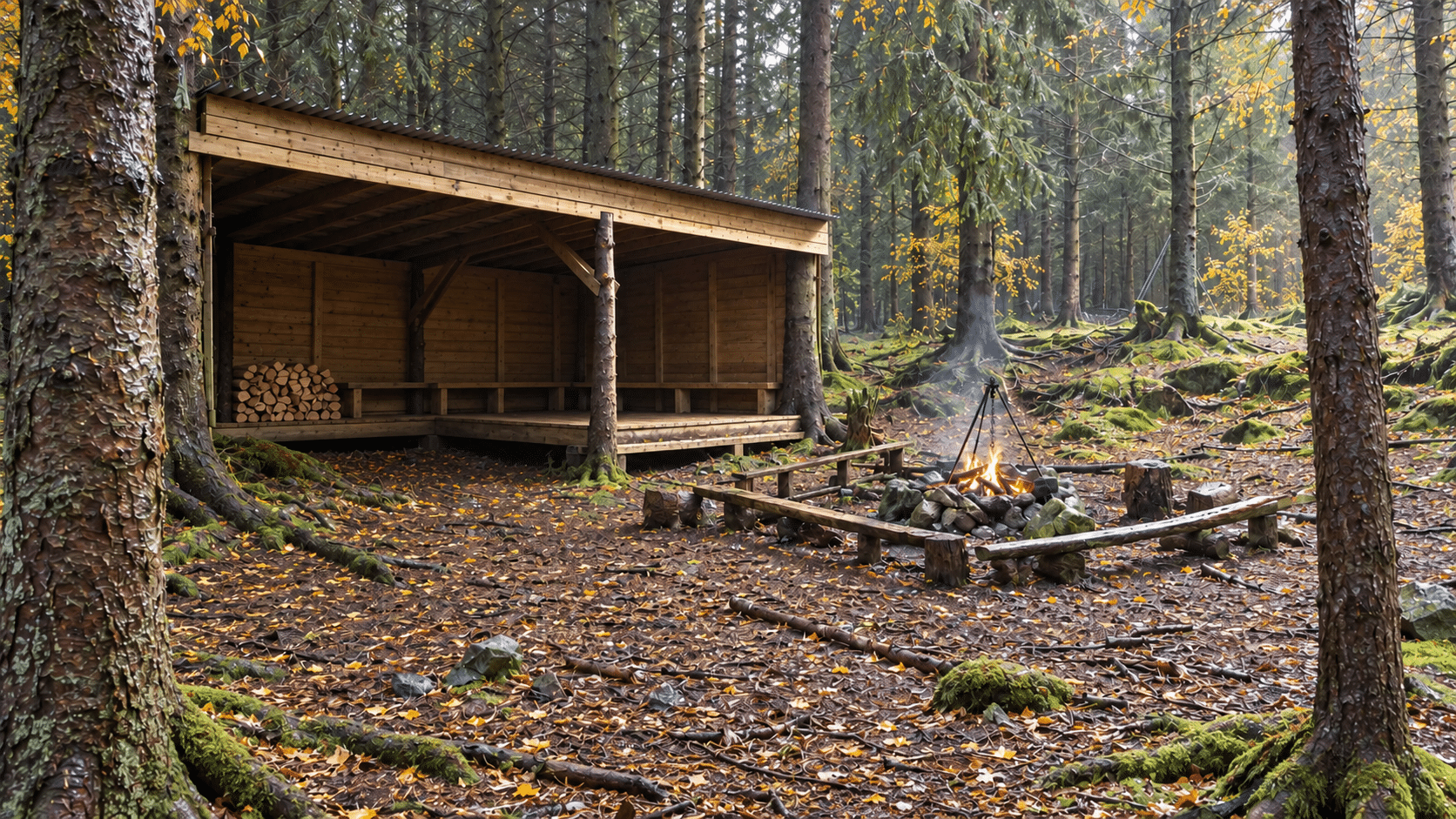 Gapahuk og bålplass i en høstlig skog ved Havgapet