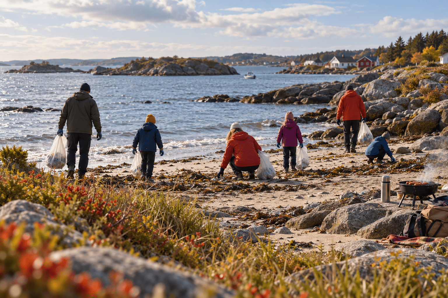 Familier med hansker og poser rydder en strand langs Nordmørekysten
