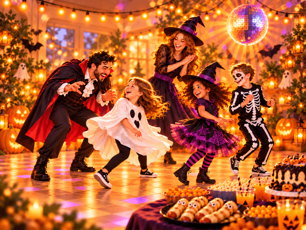 Illustrasjon av barn og voksne i halloweenkostymer som danser sammen, med mumiepølser, kaker og saft i forgrunnen.