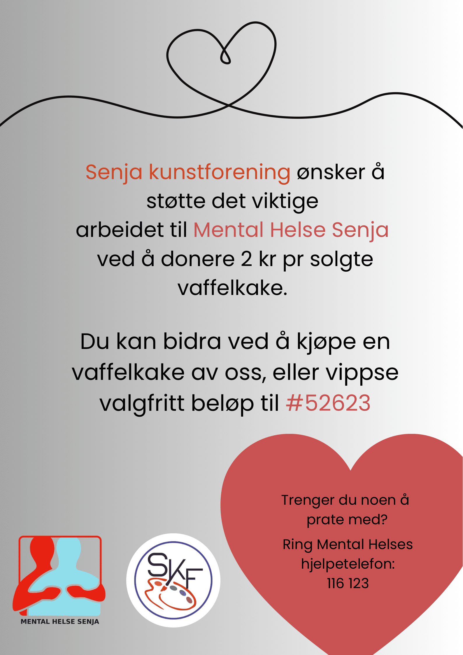 Plakat av Senja Kunstforening til kaféen på Nordnorsk-kunstkaskade 12.-14,juni 2026 der SKF og flere kunstnere støtter Mental Helse Senja med deler av overskudd.