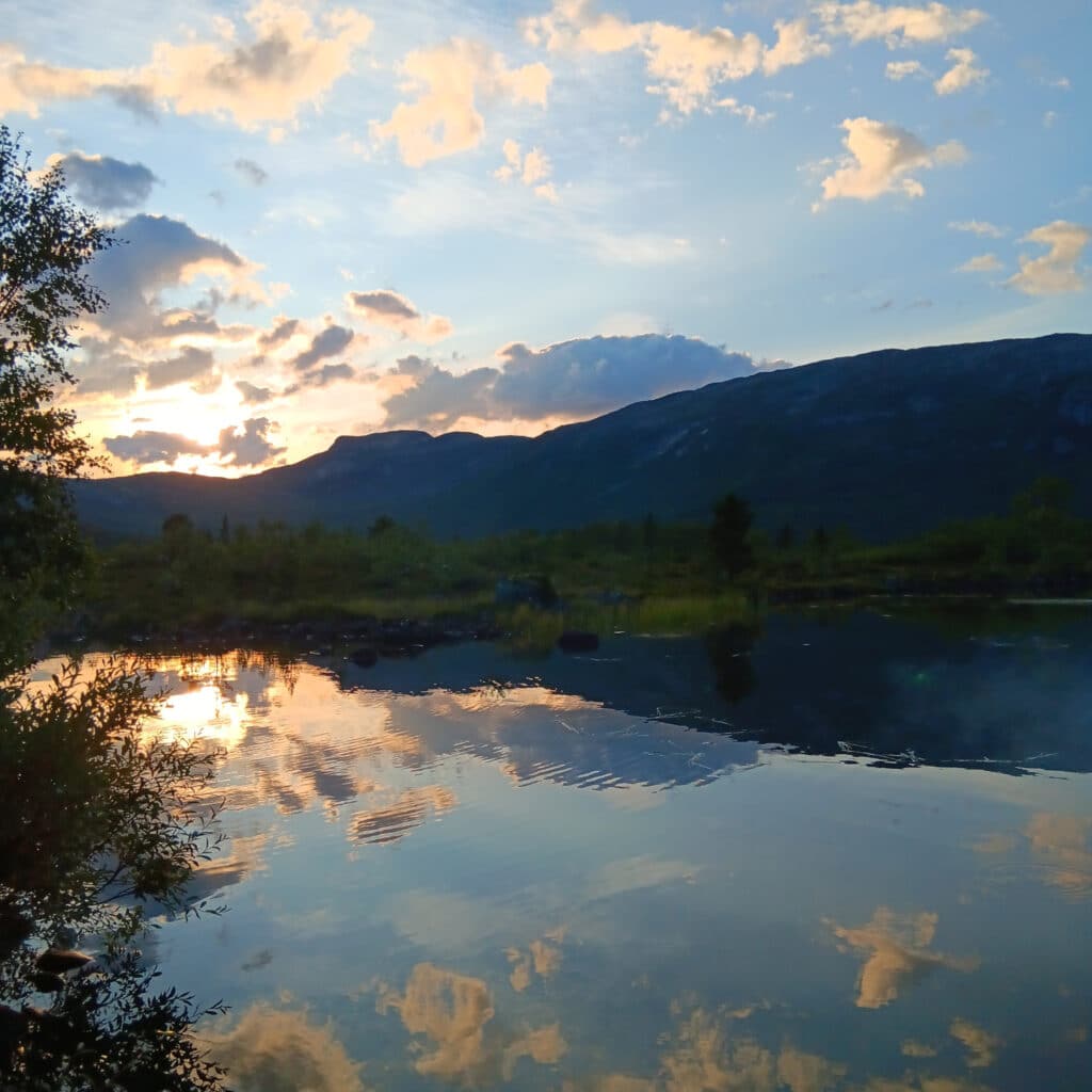 Vakkert naturbilde. Fjell, himmel, skyer, sol, trær, vann.